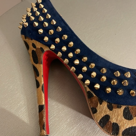 Lady peep studded leopard blue suede open toe heels - Picture 13 of 14